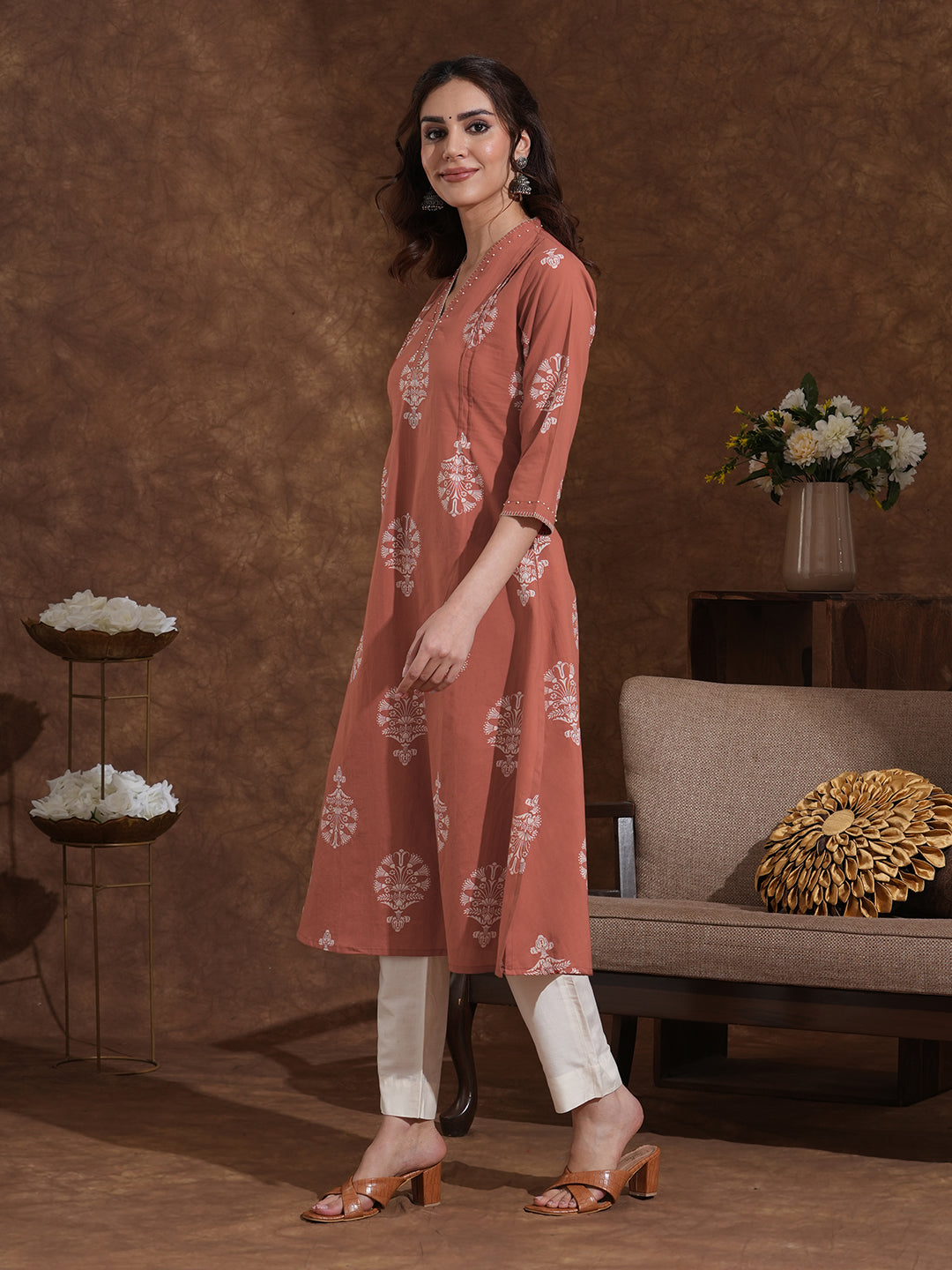 Rust Orange A-Line Cotton Print Kurta with Beadwork and Functional Pocket
