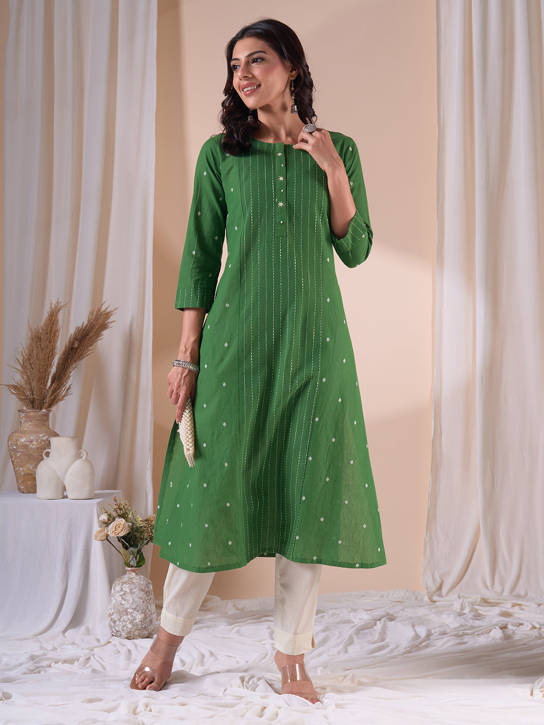 Pocketed A-line Cotton Dobby Kurta with Woven Stripes and Handwork.