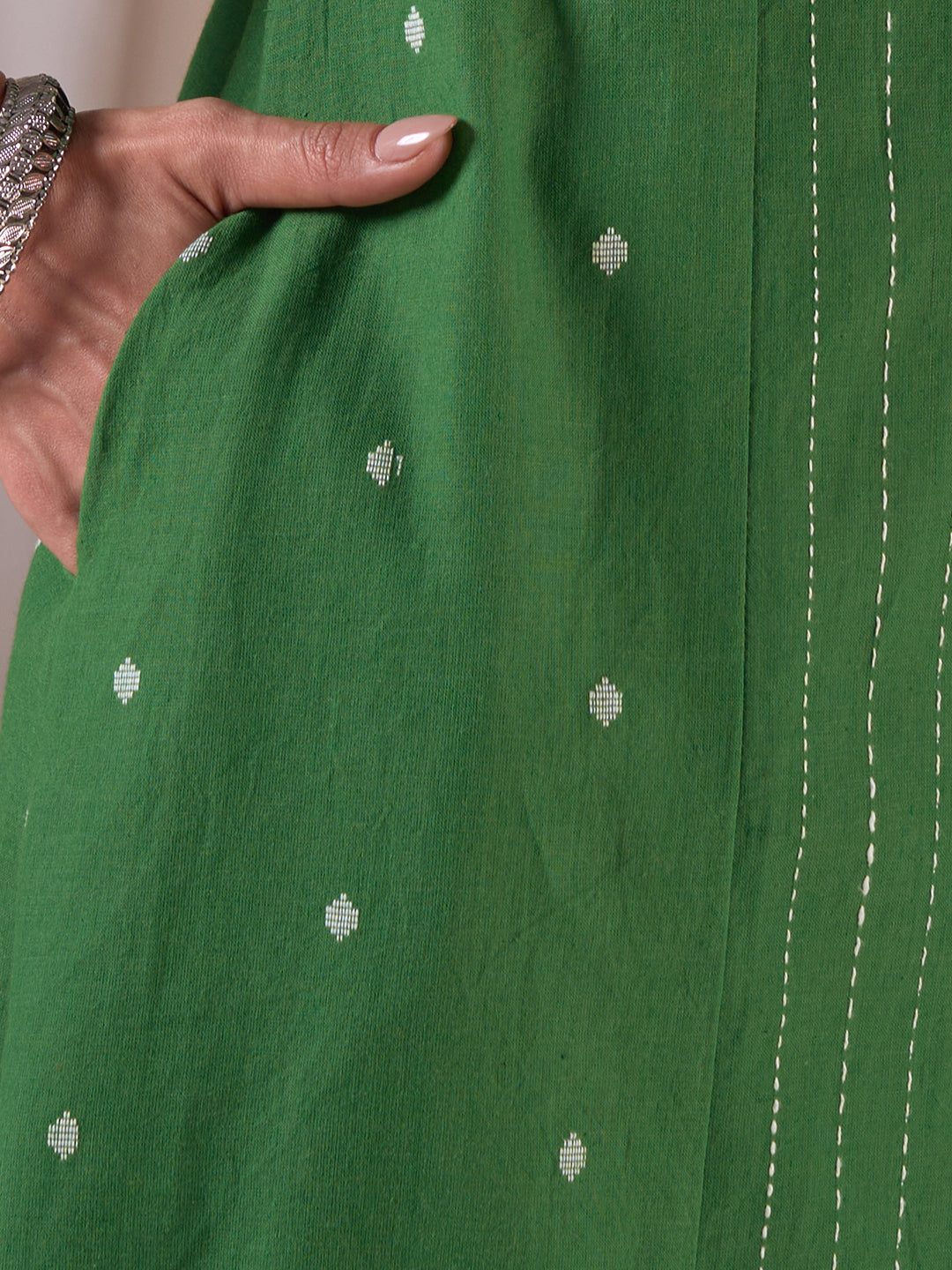 Pocketed A-line Cotton Dobby Kurta with Woven Stripes and Handwork.