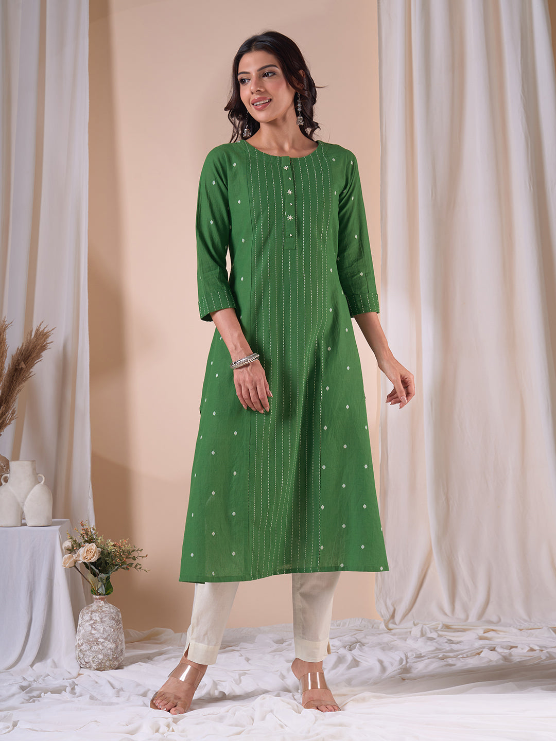 Pocketed A-line Cotton Dobby Kurta with Woven Stripes and Handwork.