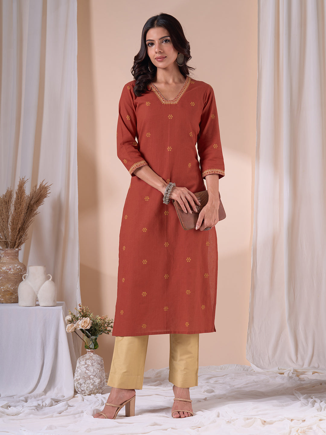 Straight Cotton Dobby Kurta with Hand Work and Mustard Trim Detailing.