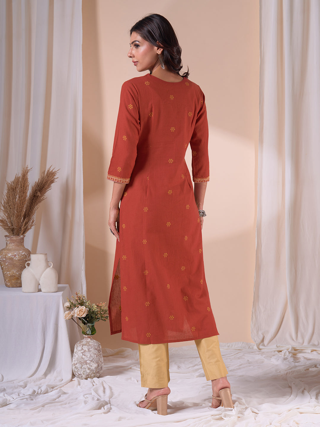 Straight Cotton Dobby Kurta with Hand Work and Mustard Trim Detailing.