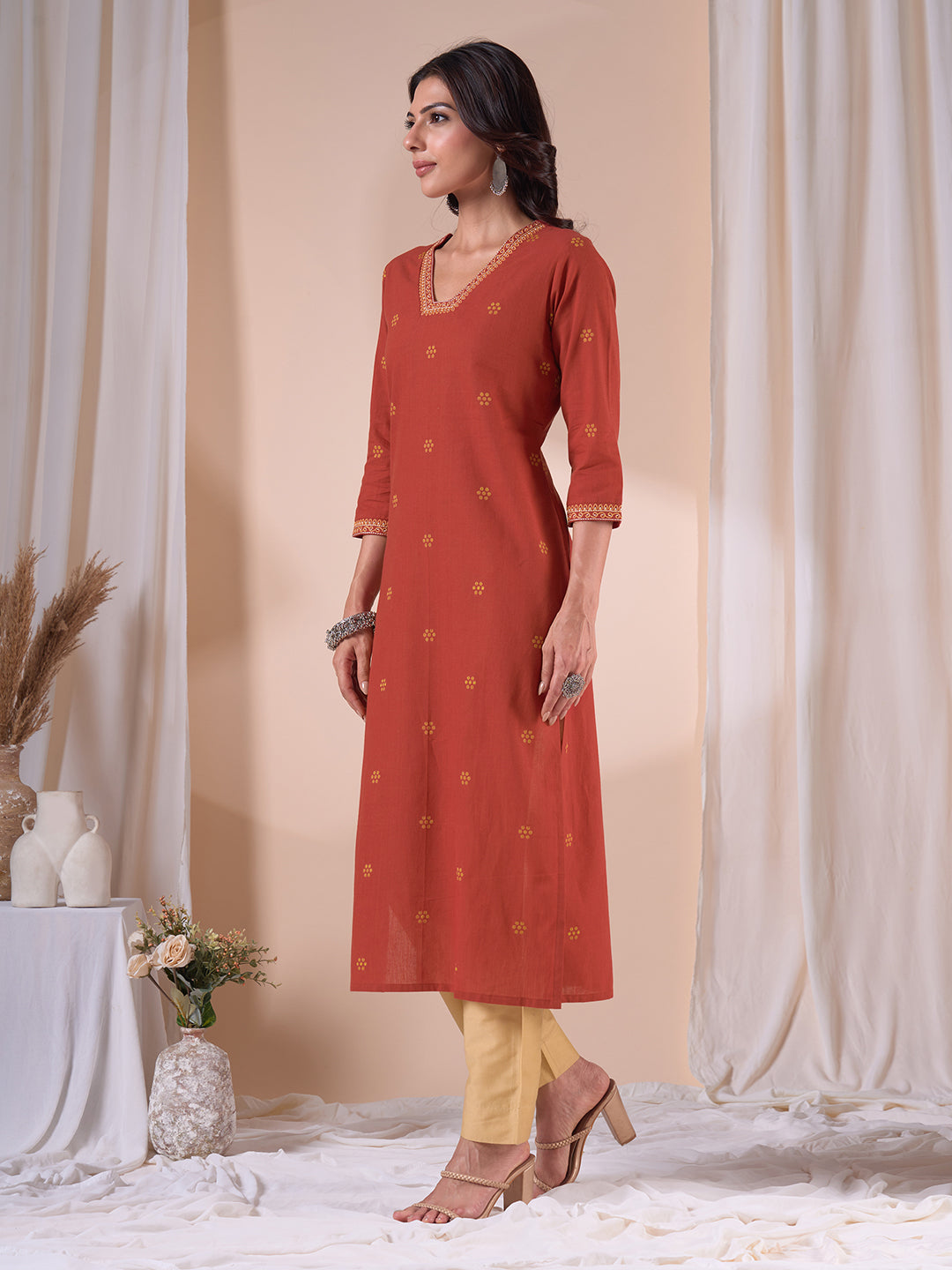 Straight Cotton Dobby Kurta with Hand Work and Mustard Trim Detailing.