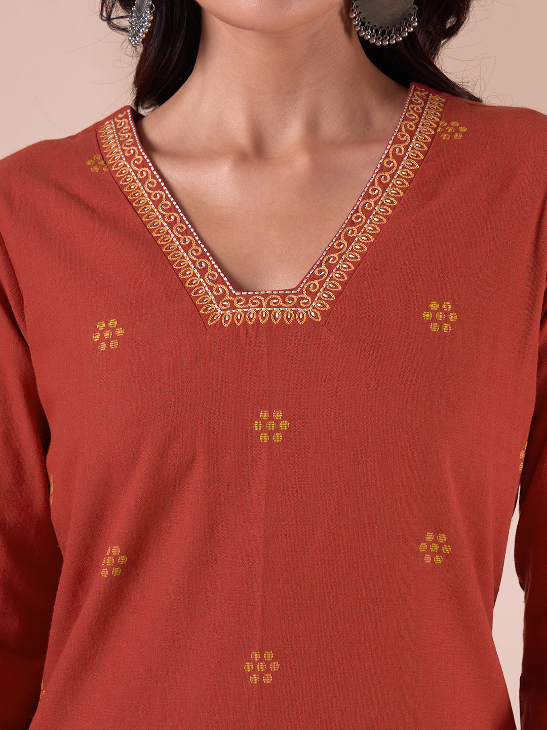 Straight Cotton Dobby Kurta with Hand Work and Mustard Trim Detailing.
