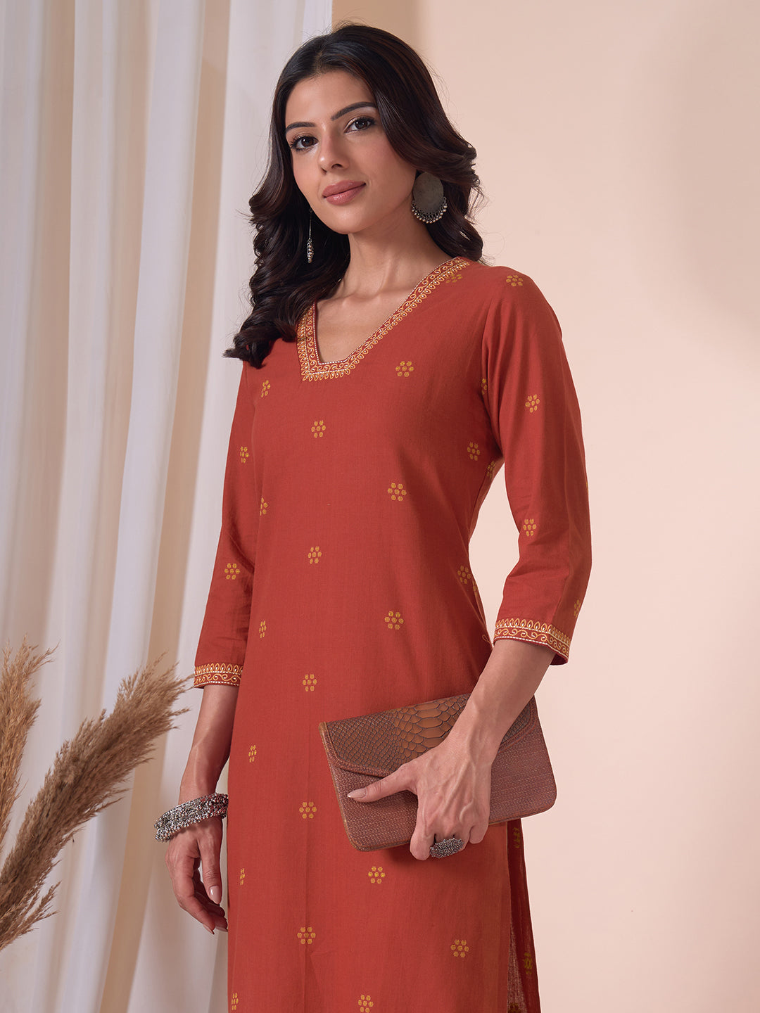 Straight Cotton Dobby Kurta with Hand Work and Mustard Trim Detailing.