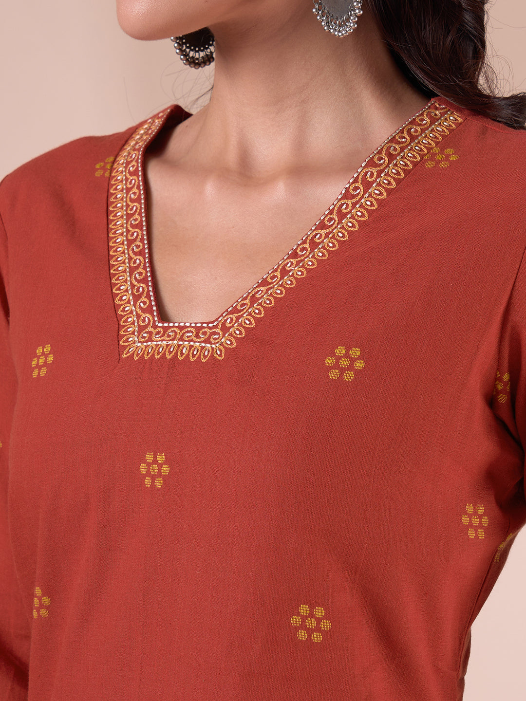 Straight Cotton Dobby Kurta with Hand Work and Mustard Trim Detailing.