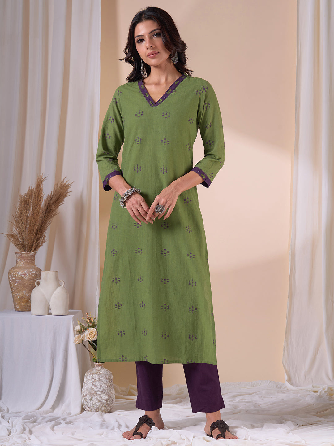 Straight Fit Cotton Dobby Kurta with Hand Embroidery, Mirror work & Purple Trim.