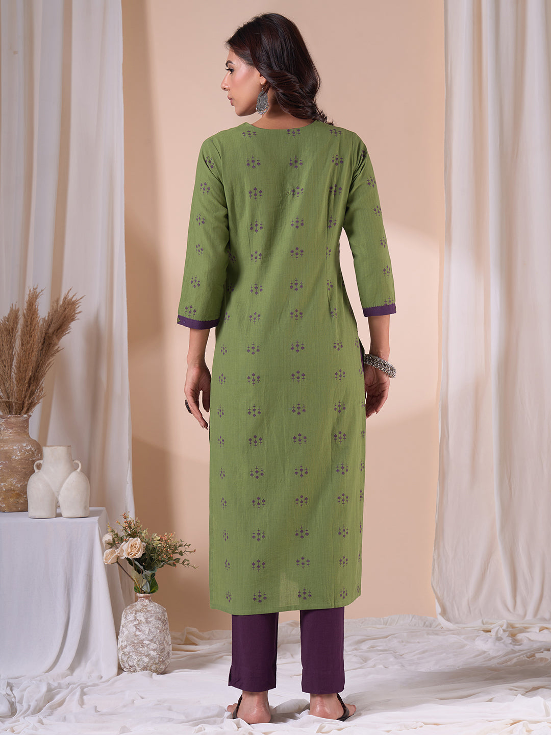 Straight Fit Cotton Dobby Kurta with Hand Embroidery, Mirror work & Purple Trim.