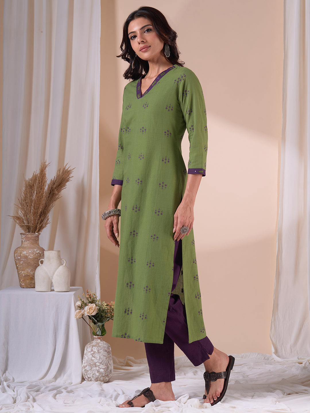 Straight Fit Cotton Dobby Kurta with Hand Embroidery, Mirror work & Purple Trim.