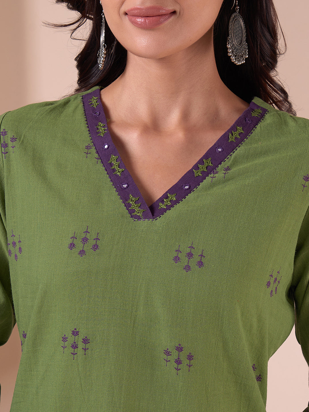 Straight Fit Cotton Dobby Kurta with Hand Embroidery, Mirror work & Purple Trim.