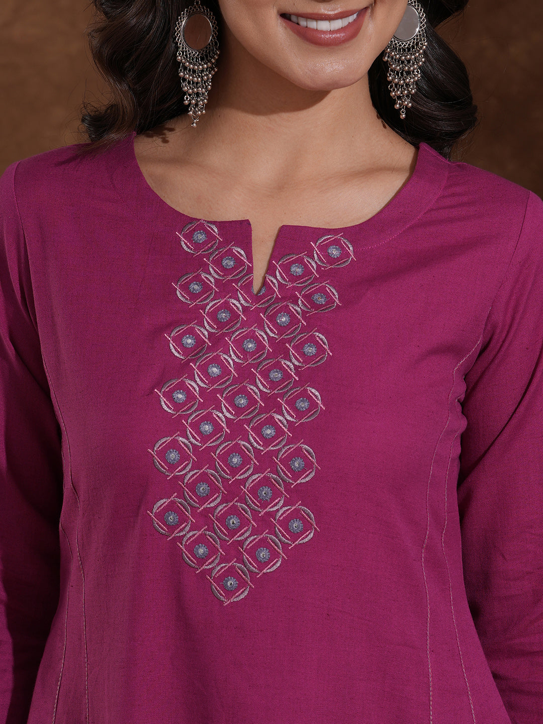 Embroidered fuchsia pink cotton flex kurta in an A line fit with inseam pocket.