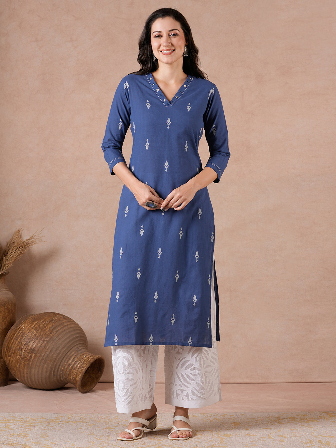 Straight Fit Cotton Dobby Kurta with Hand Embroidery & V-Neck Detail.
