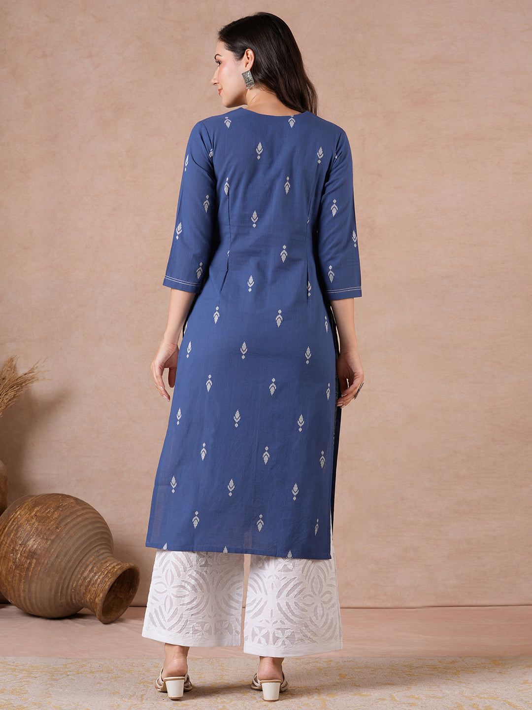 Straight Fit Cotton Dobby Kurta with Hand Embroidery & V-Neck Detail.
