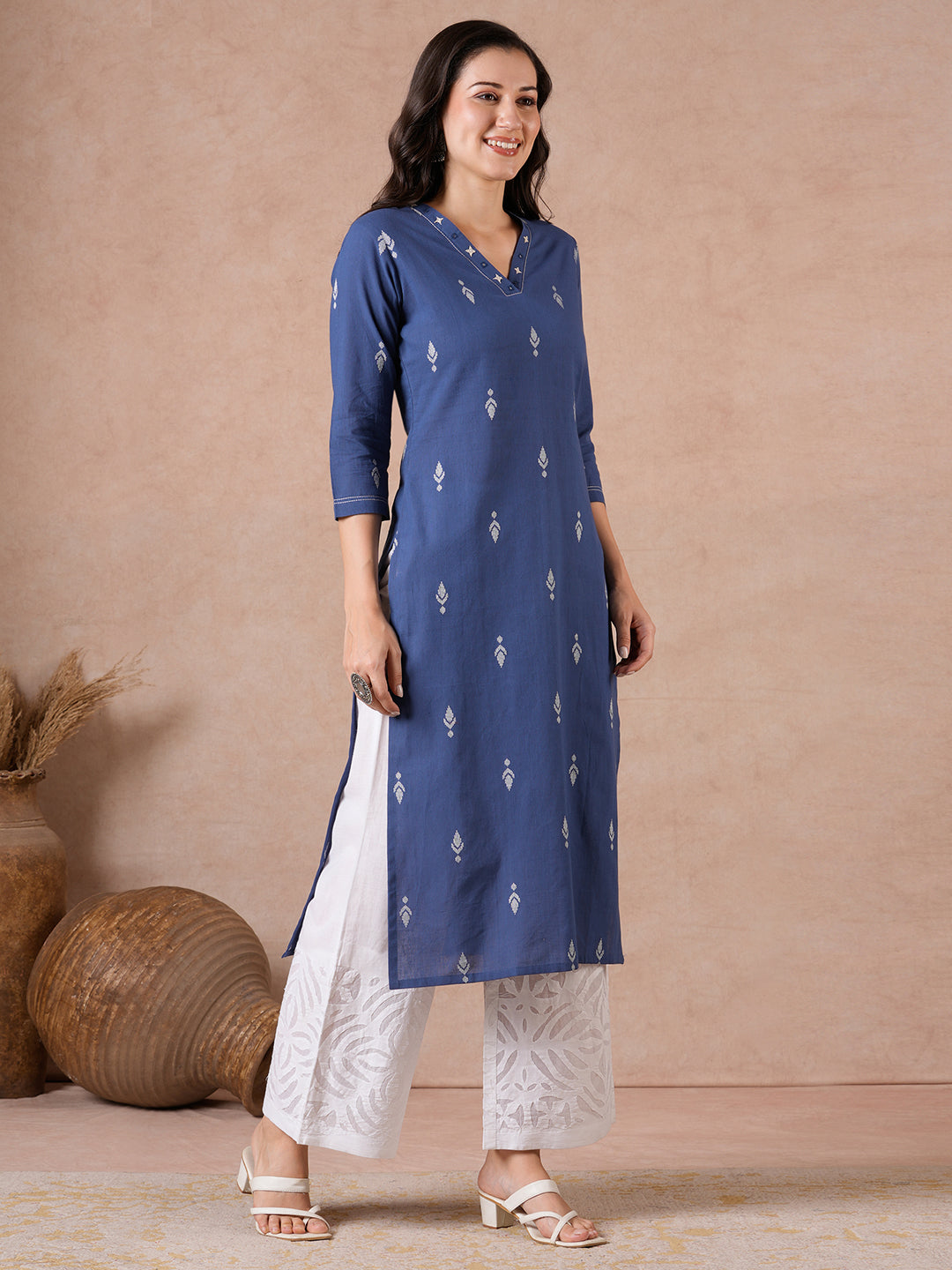 Straight Fit Cotton Dobby Kurta with Hand Embroidery & V-Neck Detail.
