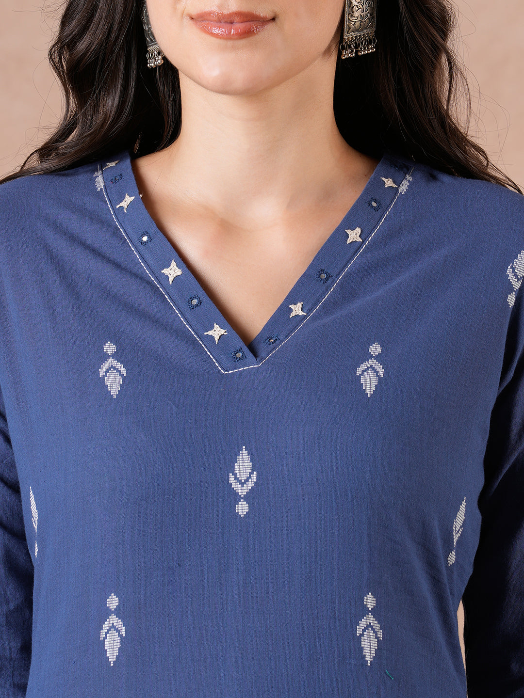 Straight Fit Cotton Dobby Kurta with Hand Embroidery & V-Neck Detail.