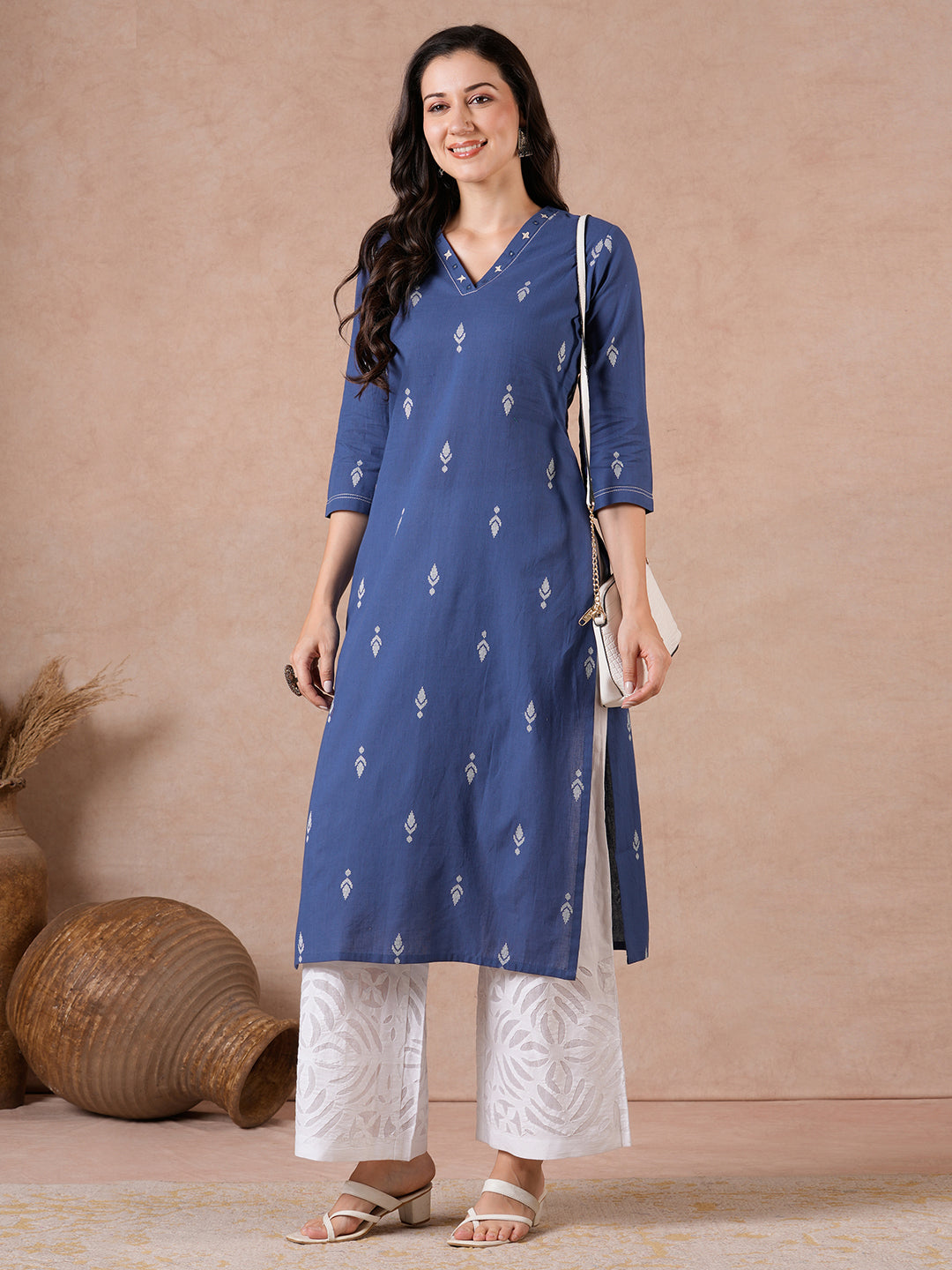 Straight Fit Cotton Dobby Kurta with Hand Embroidery & V-Neck Detail.