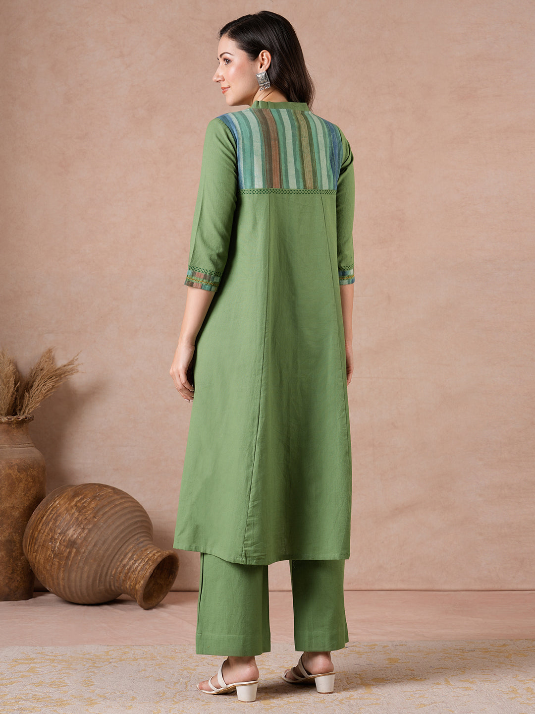 Flared Cotton Flex Kurta with Hand Block Print & Hand Embroidery.