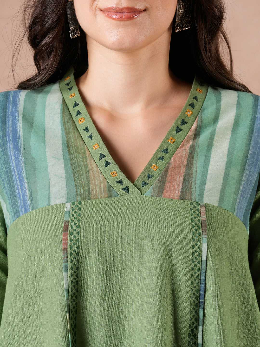 Flared Cotton Flex Kurta with Hand Block Print & Hand Embroidery.