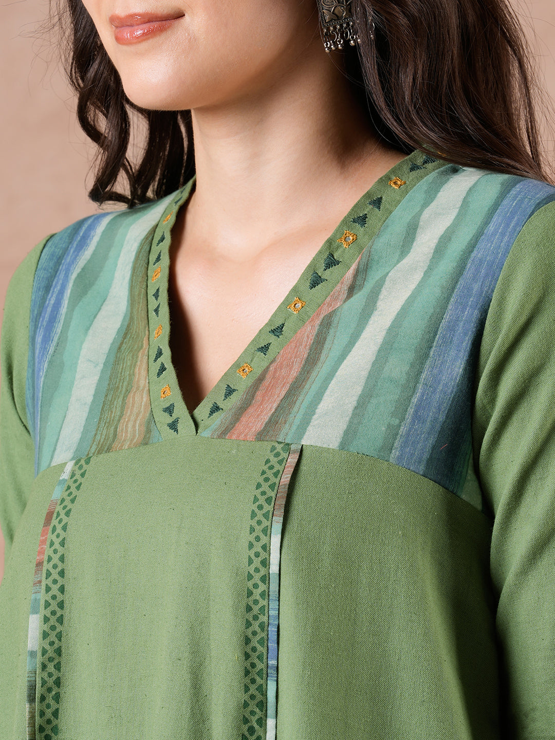 Flared Cotton Flex Kurta with Hand Block Print & Hand Embroidery.