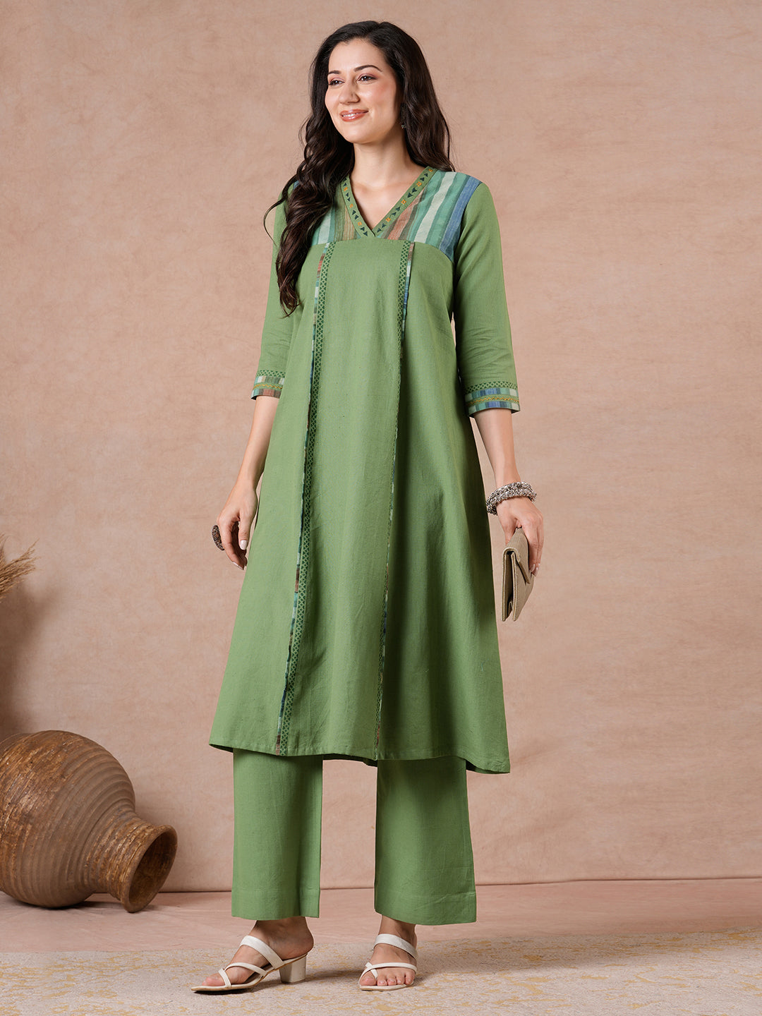 Flared Cotton Flex Kurta with Hand Block Print & Hand Embroidery.