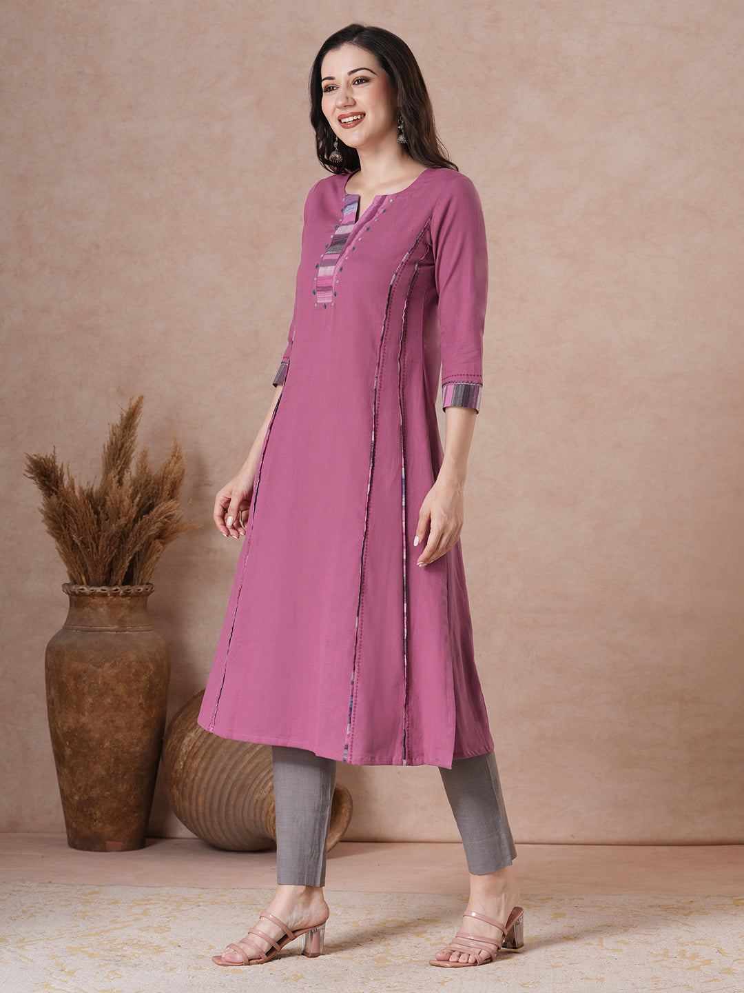 Elegant Cotton Solid A-Line Kurta with Contrast Panel on Neckline