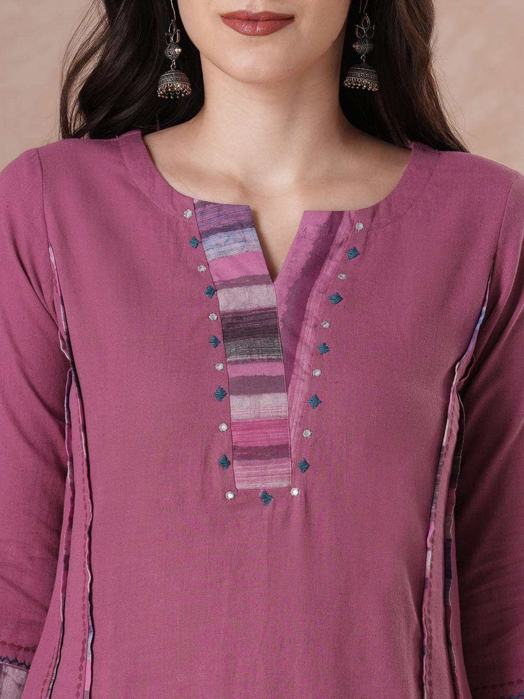 Elegant Cotton Solid A-Line Kurta with Contrast Panel on Neckline