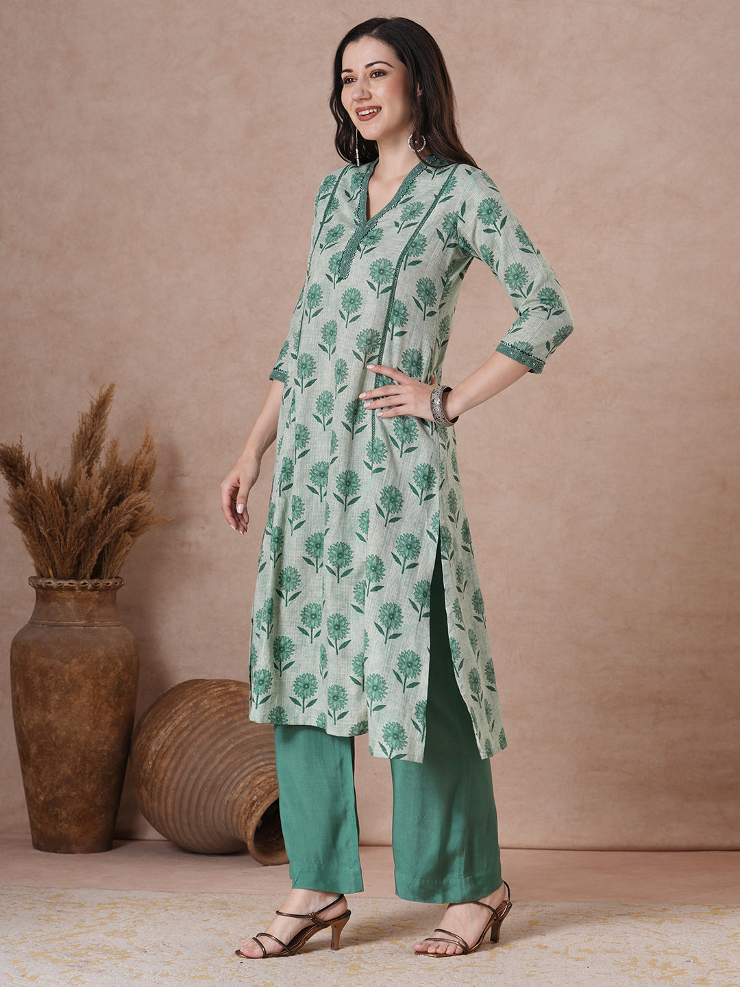 Comfortable Cotton Floral A-Line Kurta with Lace Trim V-Neck Detail
