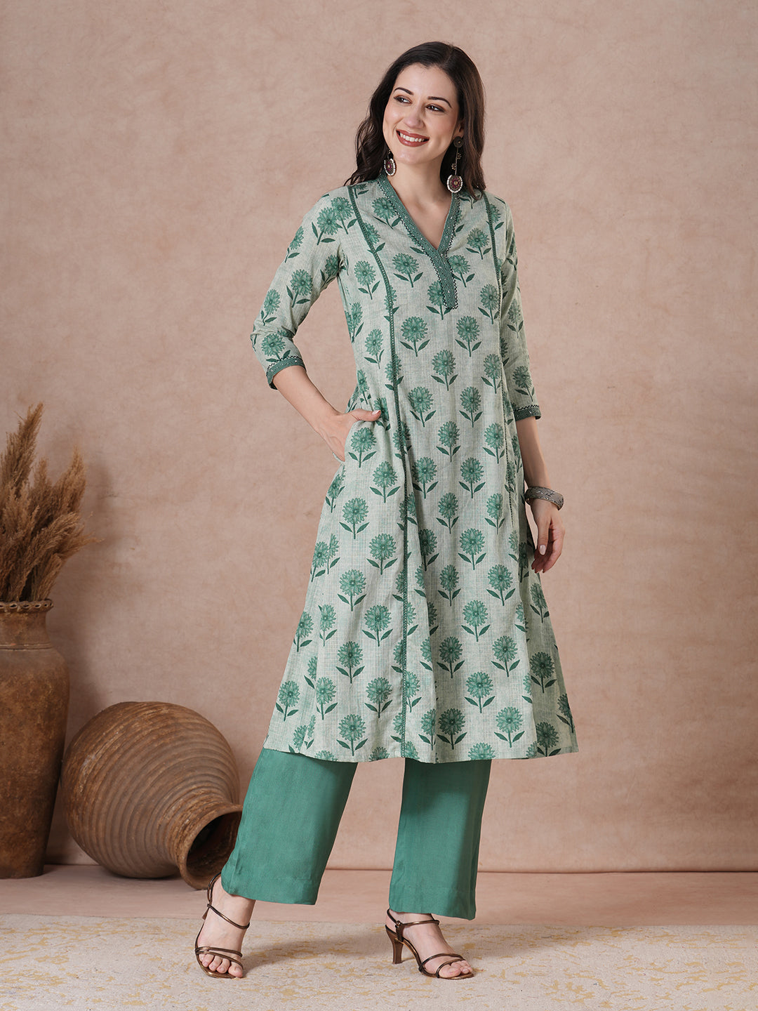 Comfortable Cotton Floral A-Line Kurta with Lace Trim V-Neck Detail