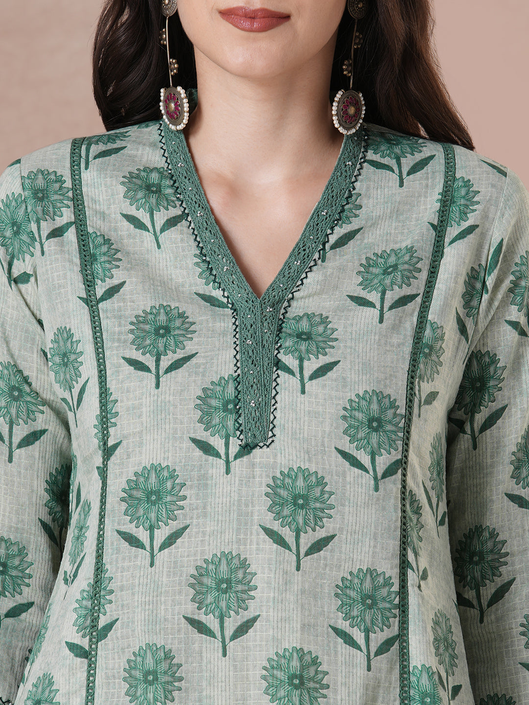 Comfortable Cotton Floral A-Line Kurta with Lace Trim V-Neck Detail