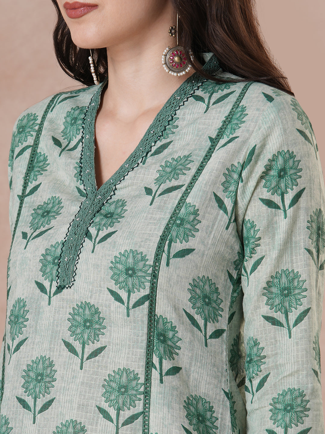 Comfortable Cotton Floral A-Line Kurta with Lace Trim V-Neck Detail