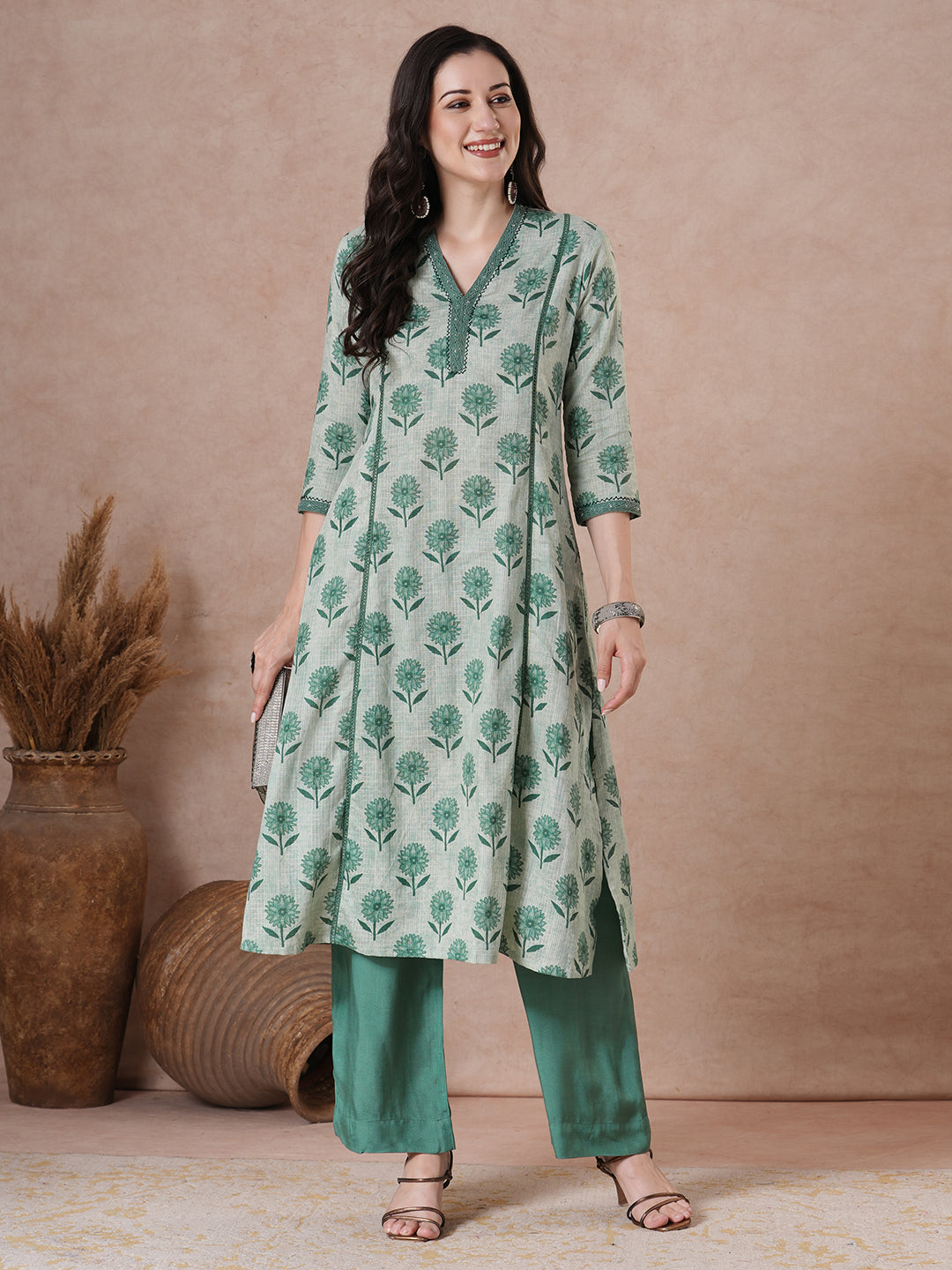 Comfortable Cotton Floral A-Line Kurta with Lace Trim V-Neck Detail