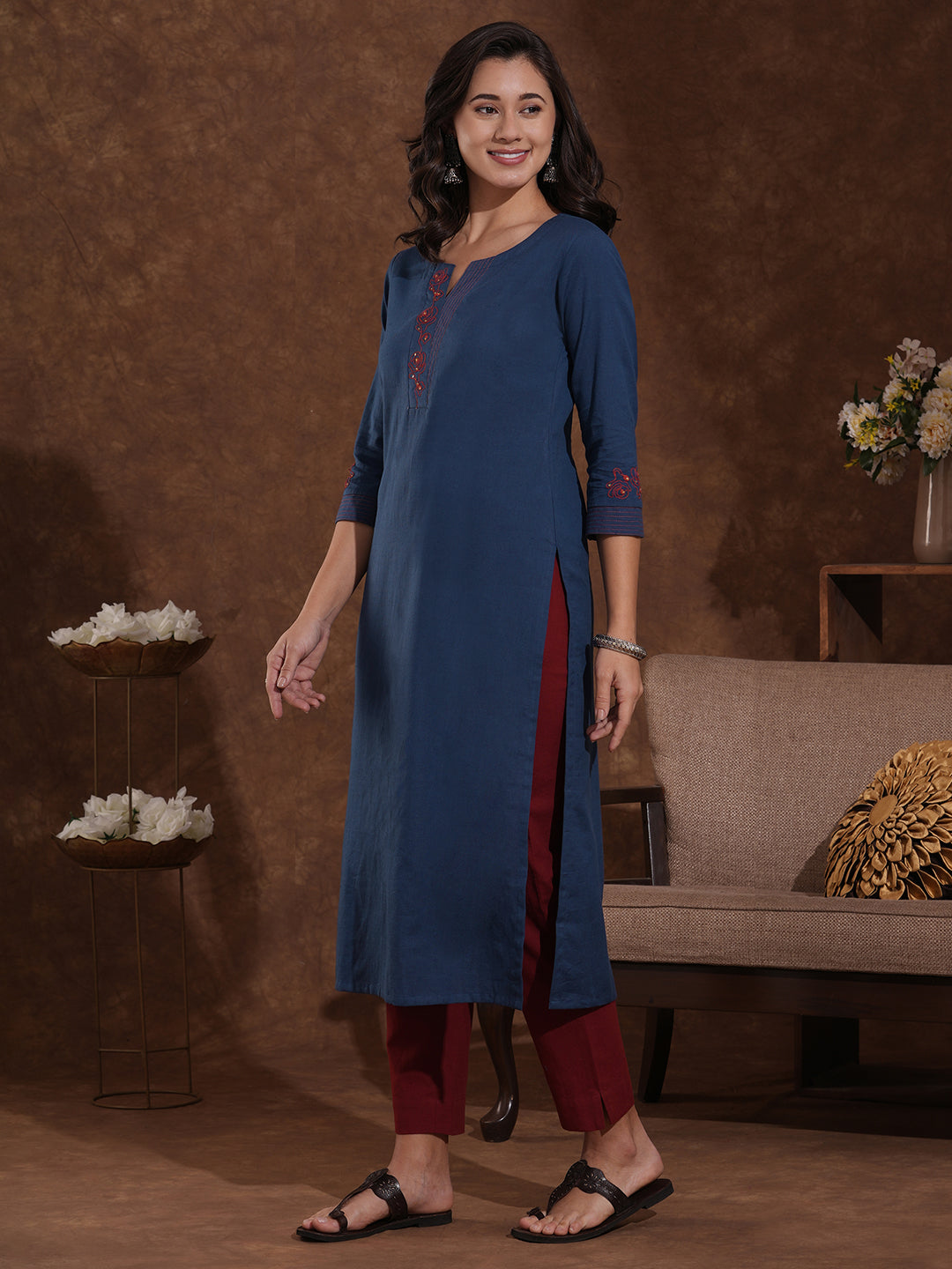 Embroidered straight fit kurta in cotton flex with sequin work.