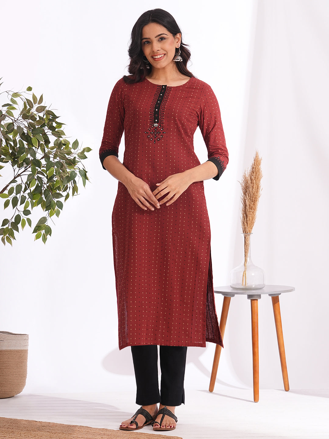 Straight fit dobby kurta with block print and handwork around the placket and cuff
