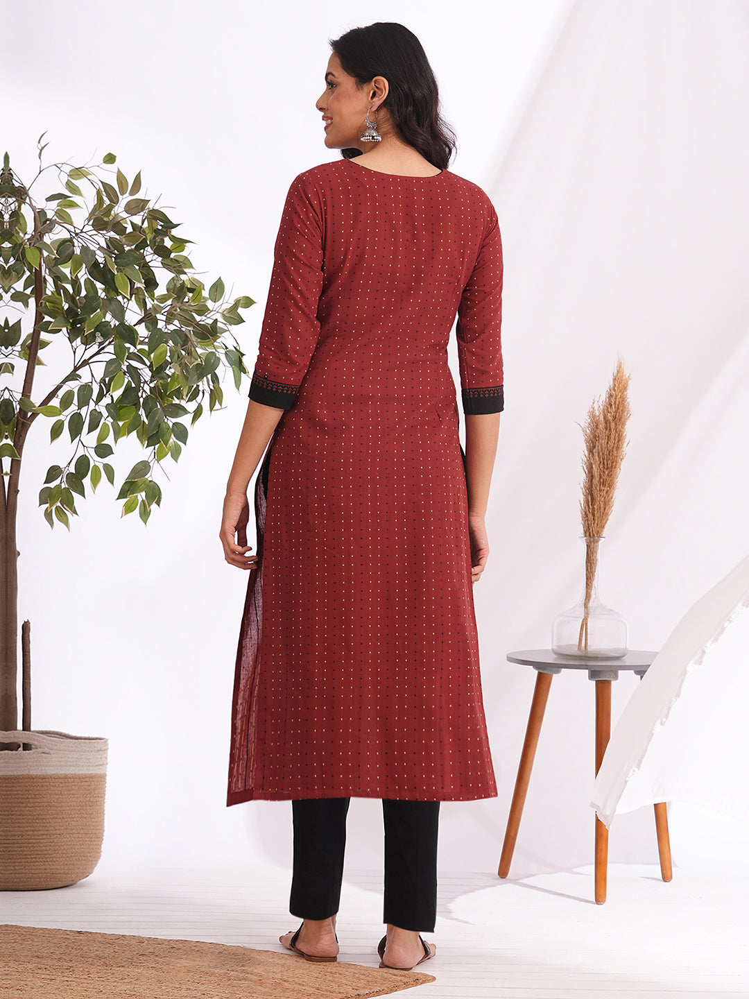 Straight fit dobby kurta with block print and handwork around the placket and cuff