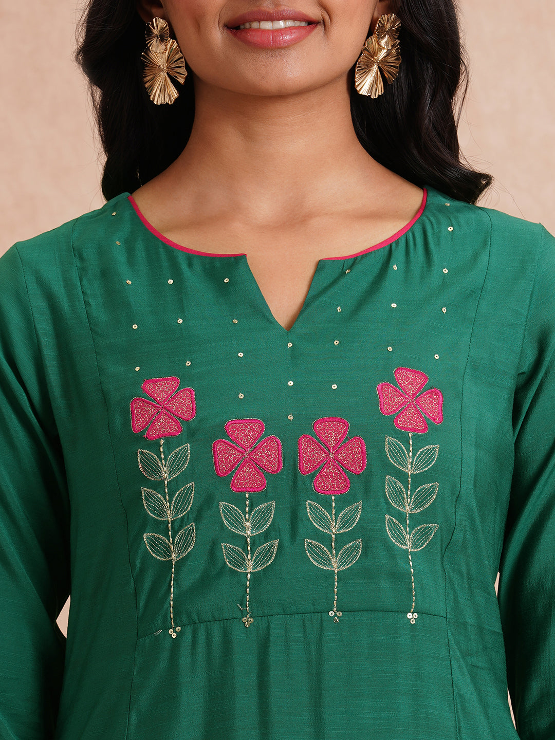 Party Edit- A-line kurta with machine applique and embroidery on the yoke and sleeves.