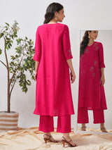 Party Edit- A tent fit kurta with placement embroidery and handwork sequence on the front and sleeves.