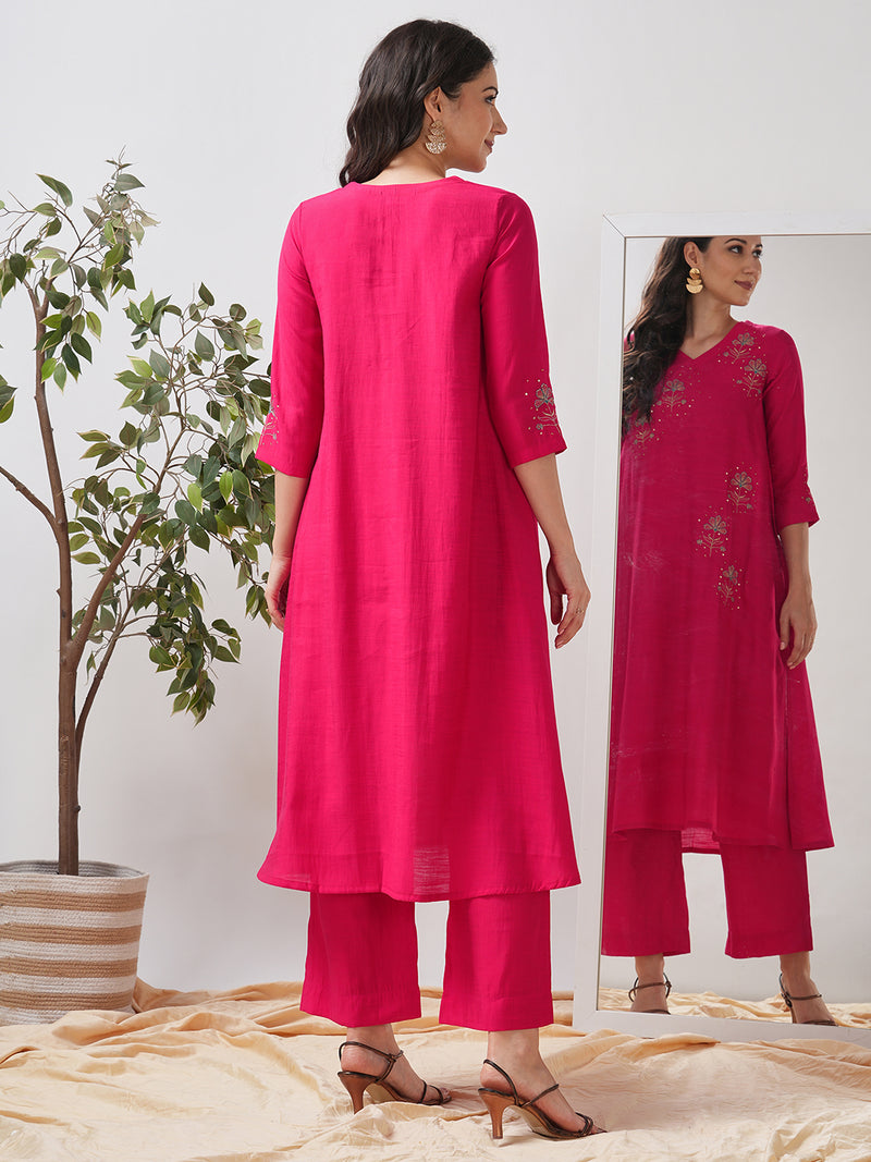 Party Edit- A tent fit kurta with placement embroidery and handwork sequence on the front and sleeves.