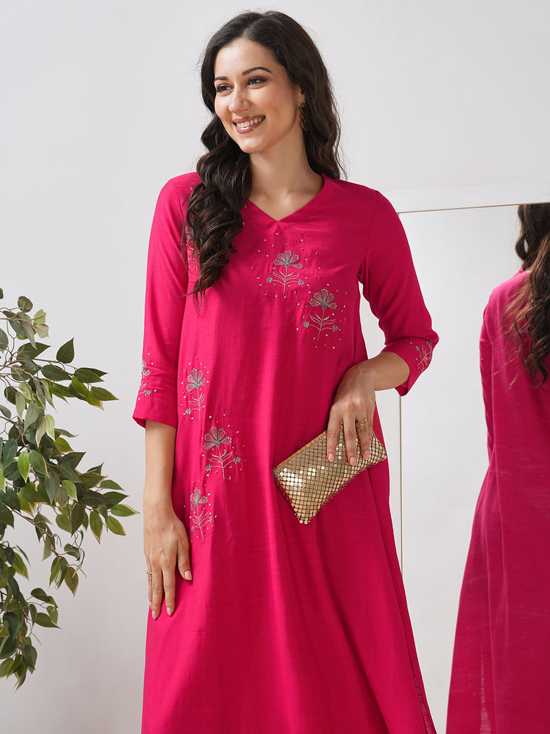 Party Edit- A tent fit kurta with placement embroidery and handwork sequence on the front and sleeves.