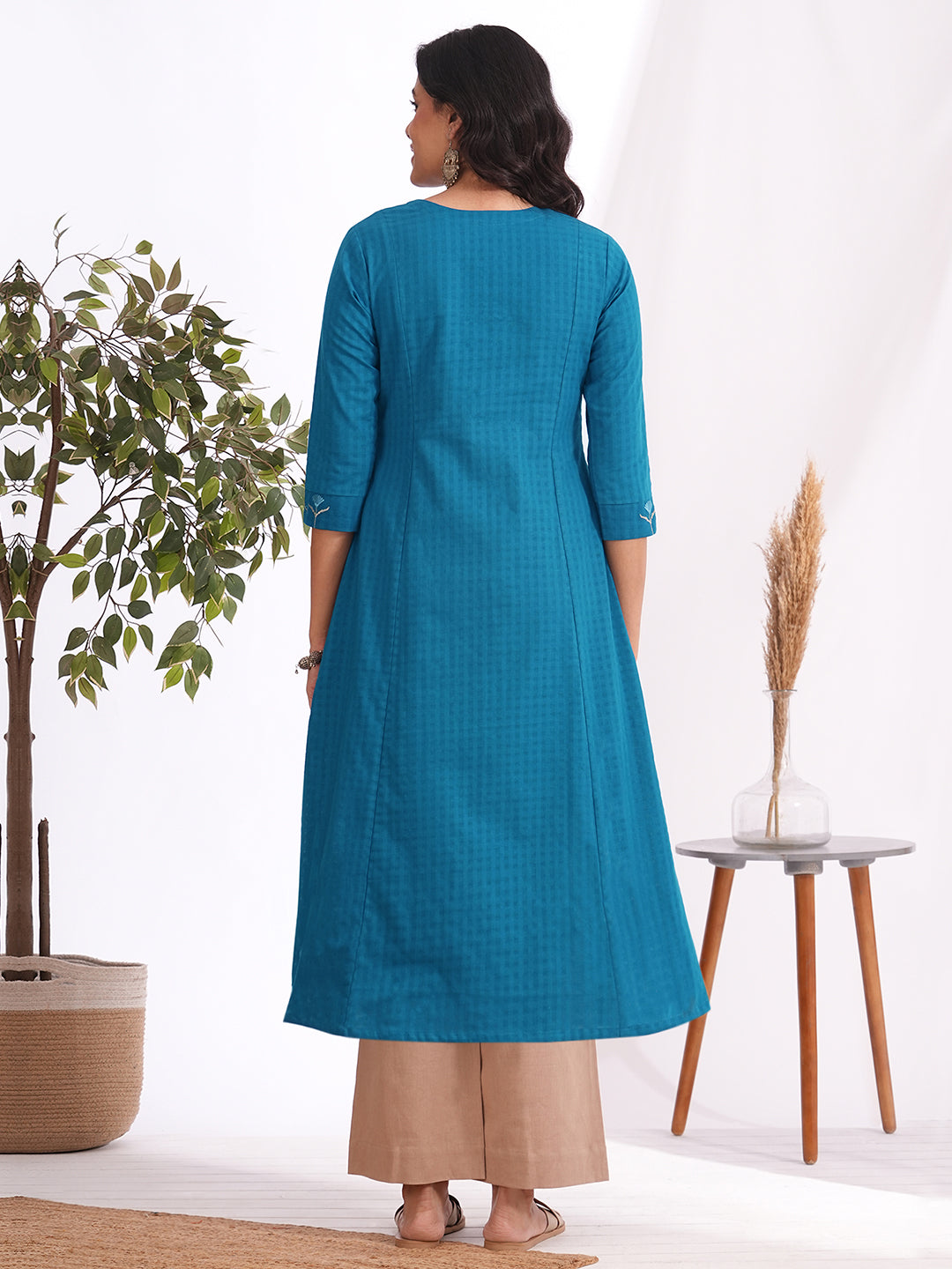 Woven checks fabric A-line kurta with embroidered yoke and cuff