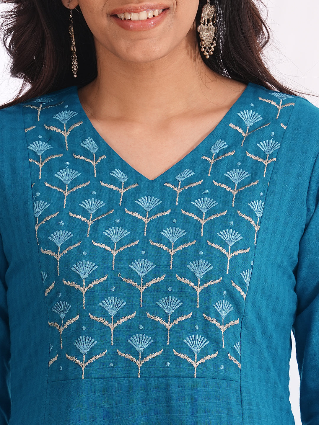 Woven checks fabric A-line kurta with embroidered yoke and cuff