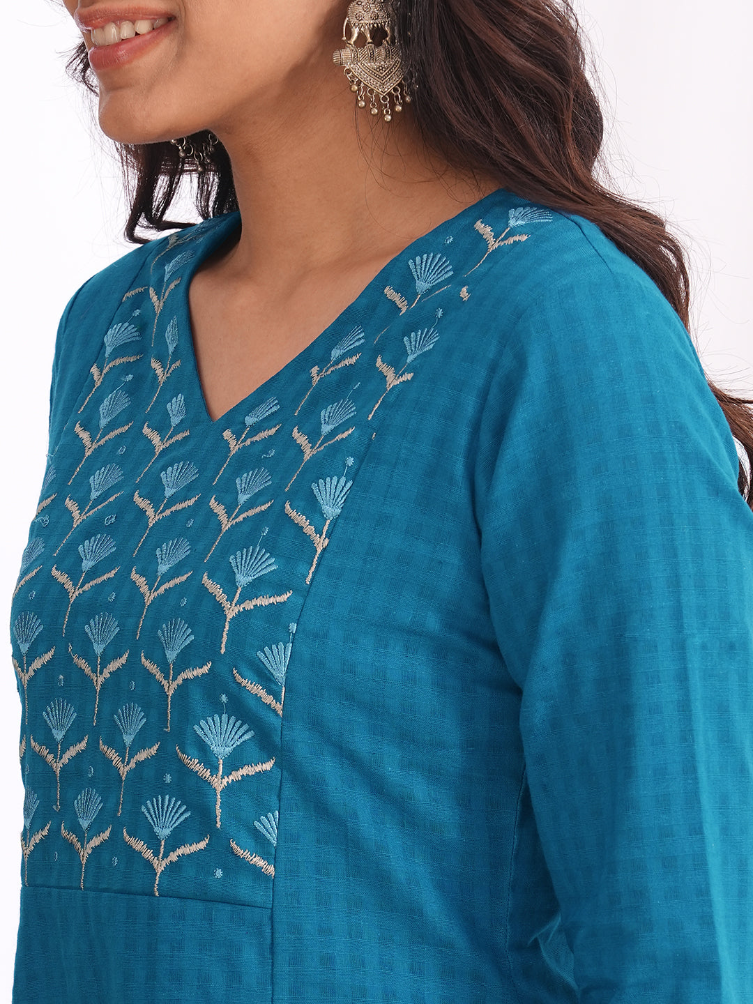 Woven checks fabric A-line kurta with embroidered yoke and cuff