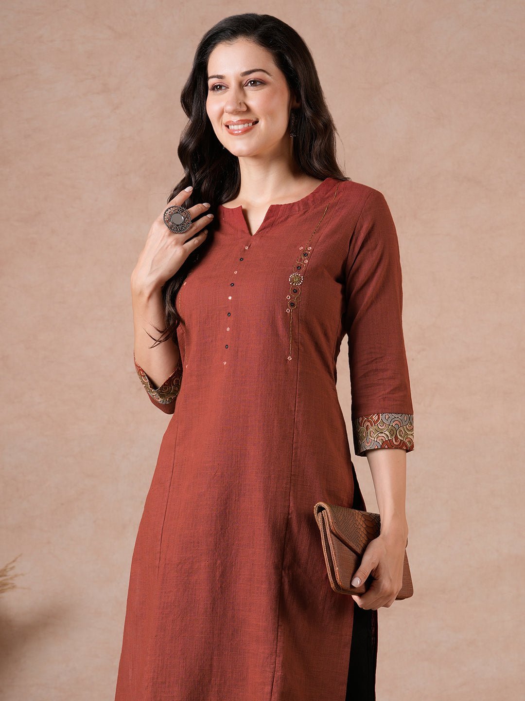Straight Fit Cotton Kurta with Handwork & Kalamkari Trim Detail.
