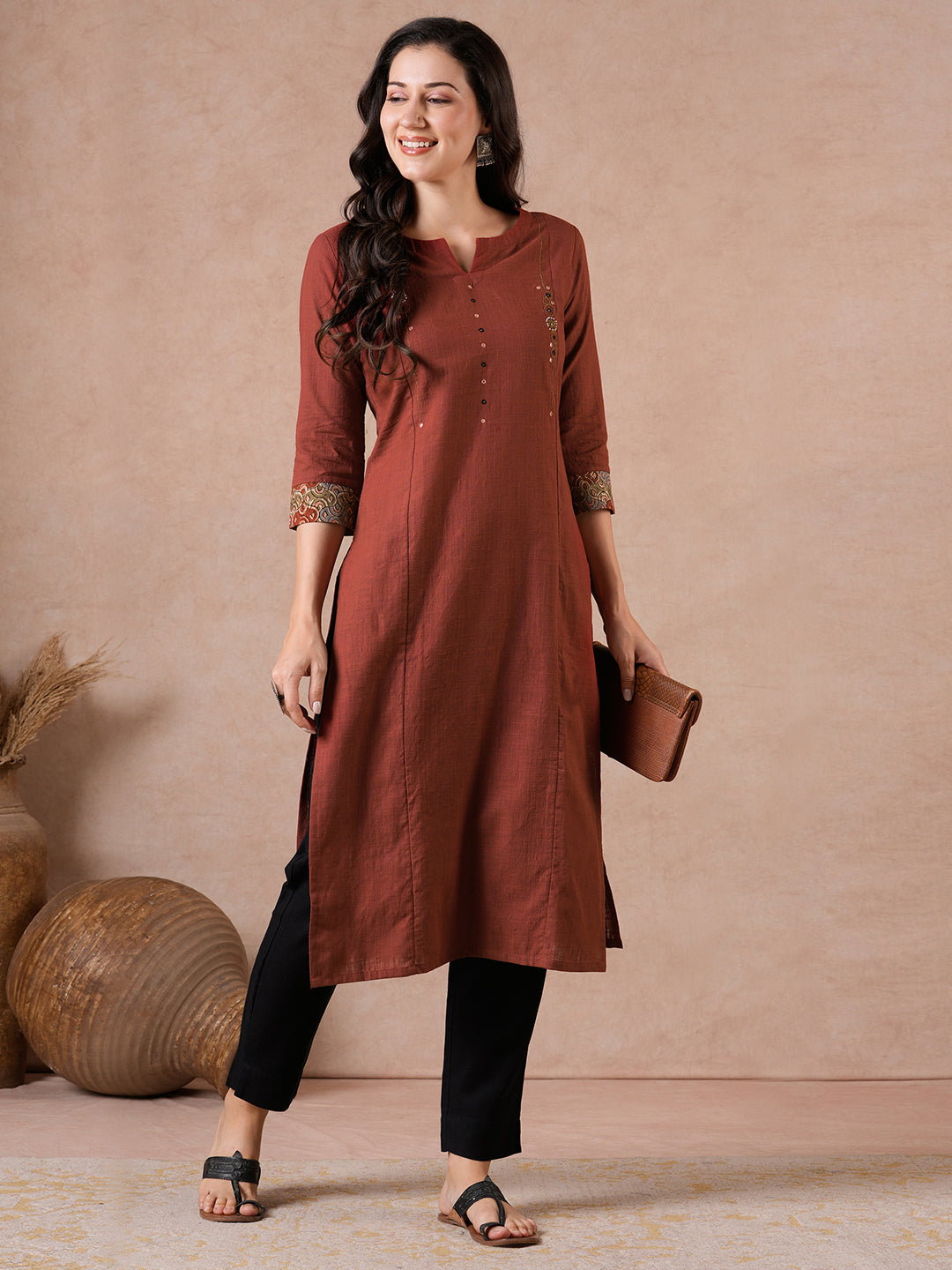 Straight Fit Cotton Kurta with Handwork & Kalamkari Trim Detail.