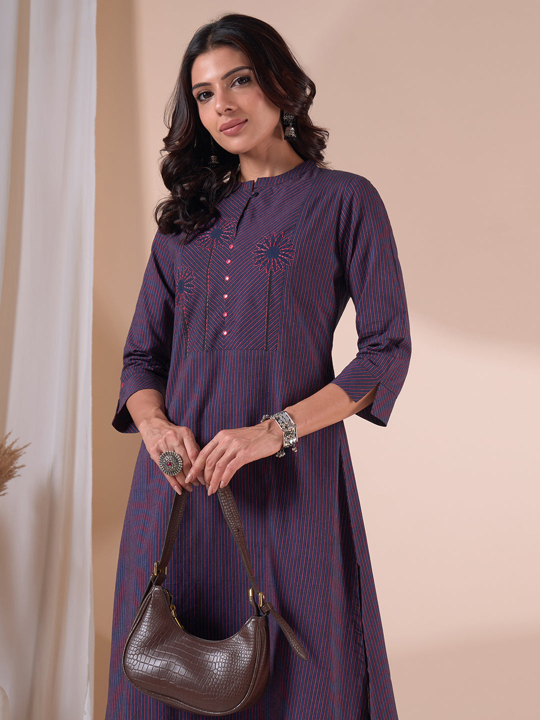 A-line Woven Stripe Cotton Kurta with Asymmetrical Floral Block Print & Handwork.