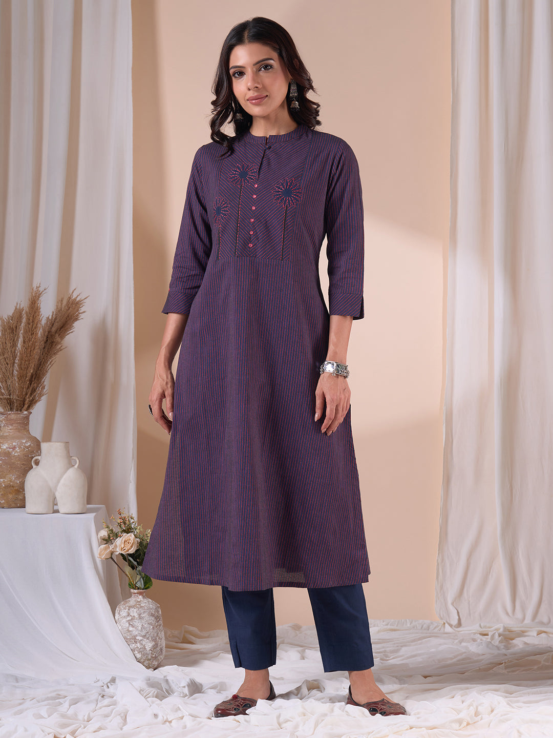 A-line Woven Stripe Cotton Kurta with Asymmetrical Floral Block Print & Handwork.