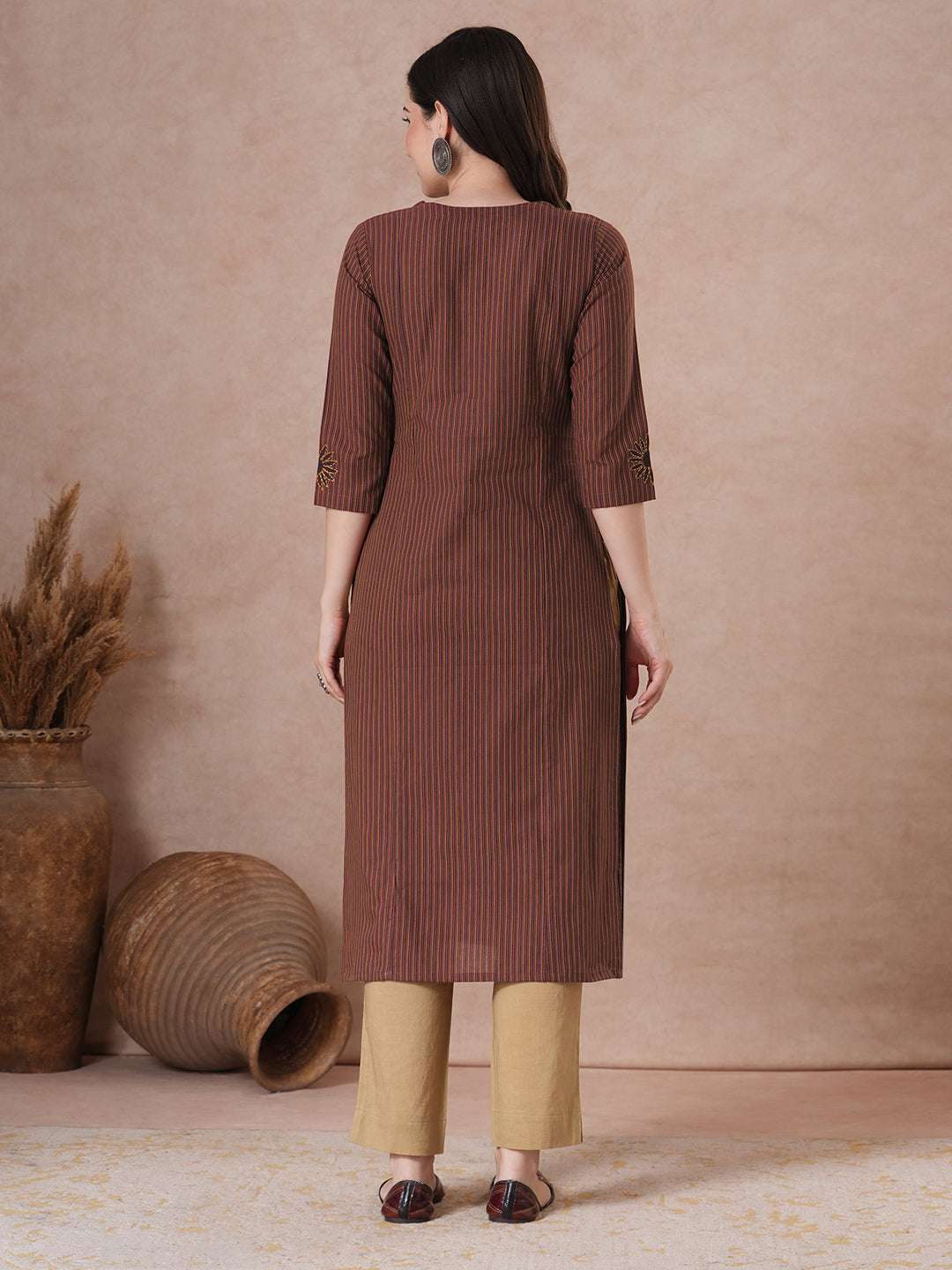 Multicolor Pin Stripe Kurta with Bias Block Print Yoke & Handwork Detail.