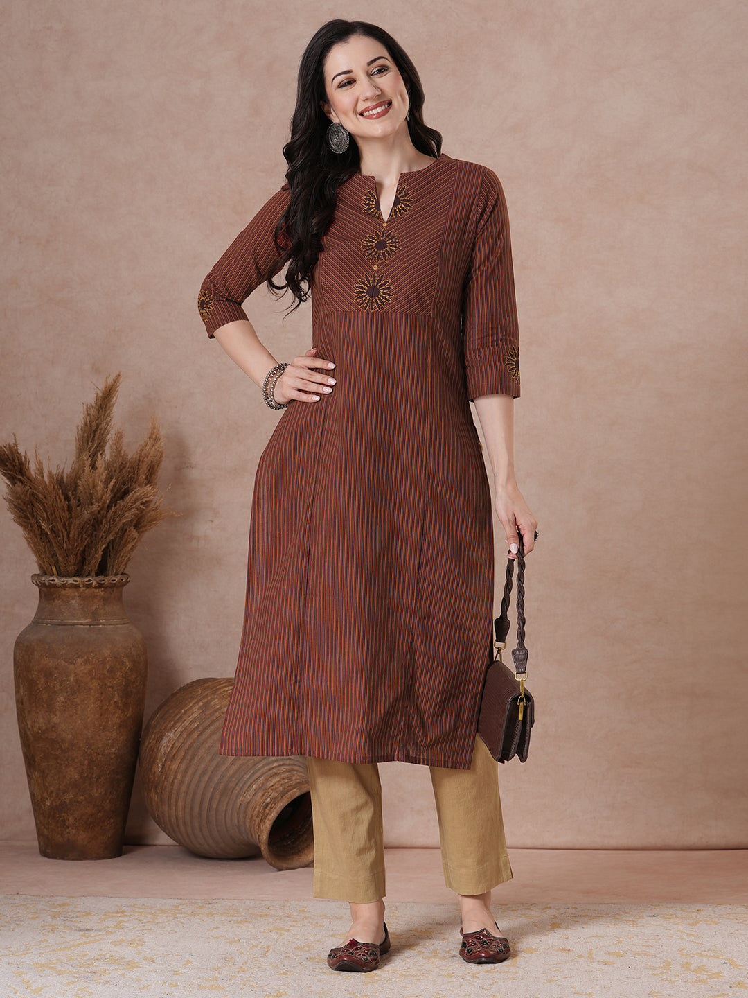 Straight Fit Brown Cotton Pinstripe Kurta with Block Print Bias Yoke & Hand Embroidery