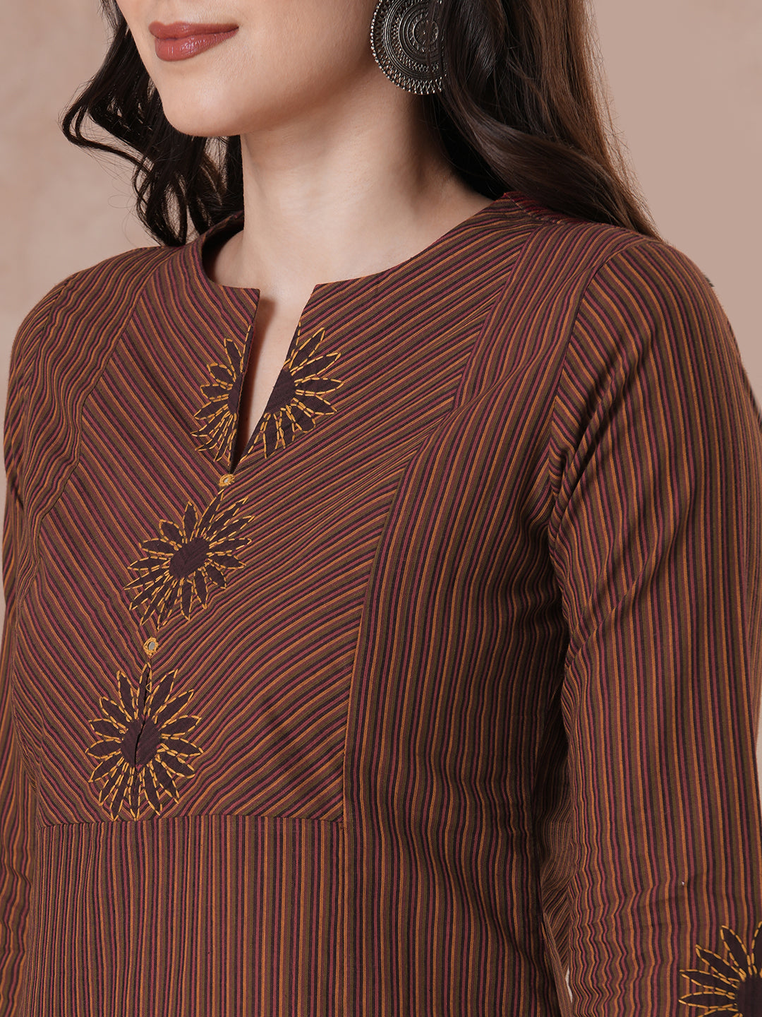 Straight Fit Brown Cotton Pinstripe Kurta with Block Print Bias Yoke & Hand Embroidery