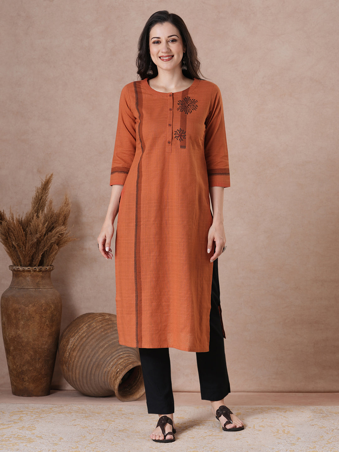 Woven Cotton Straight Checks Kurta Featuring Asymmetrical Block Print & Button Accents