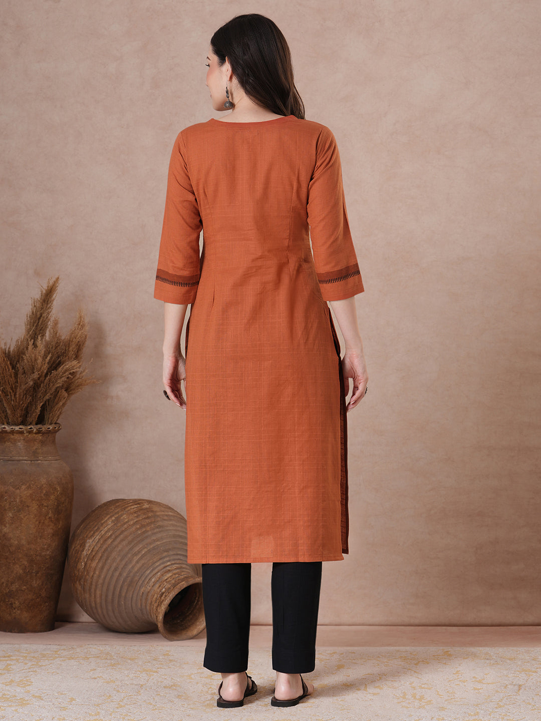 Woven Cotton Straight Checks Kurta Featuring Asymmetrical Block Print & Button Accents